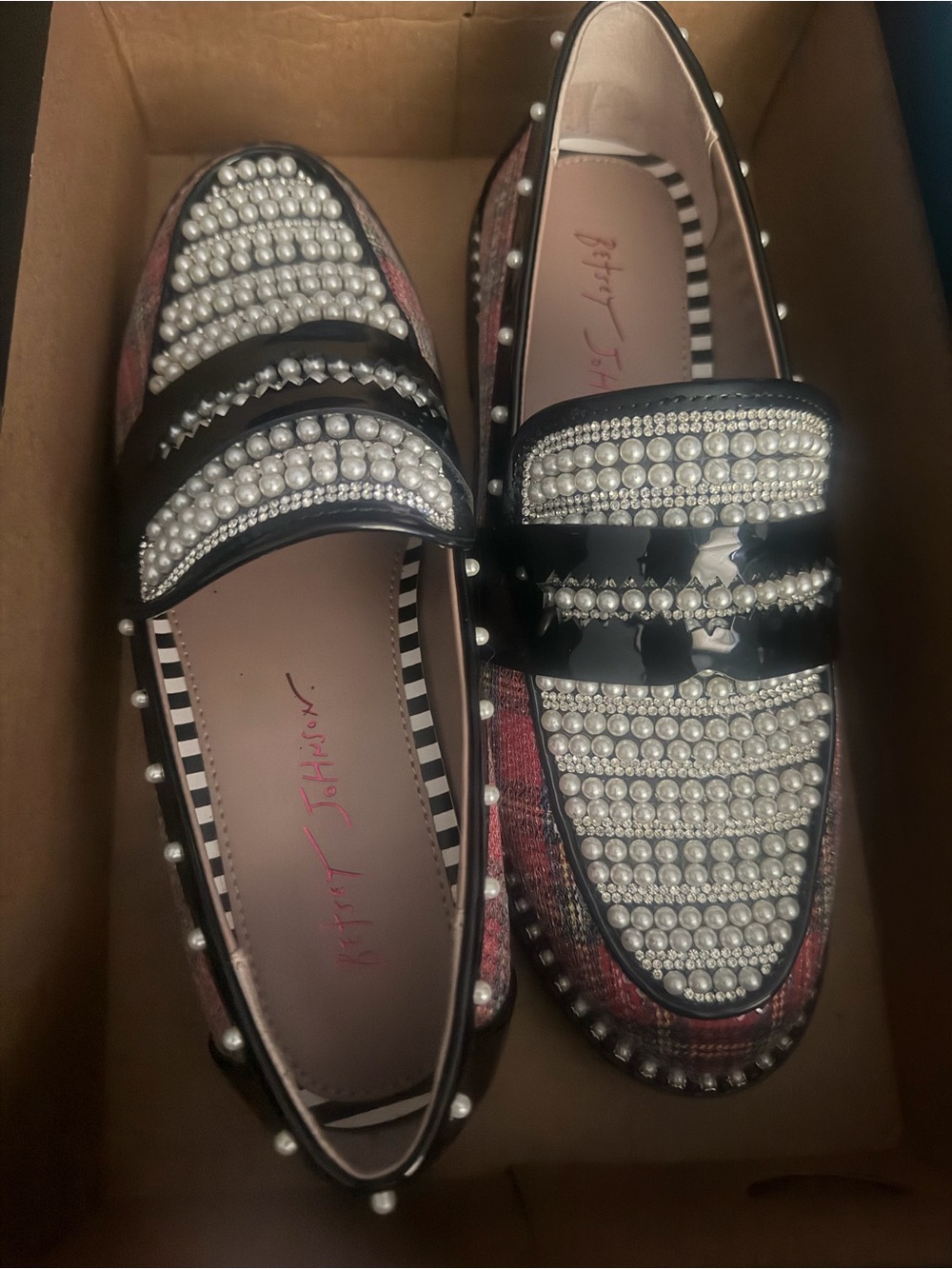 Betsey Johnson Black and Pink Pearl-Embellished Platform Loafers